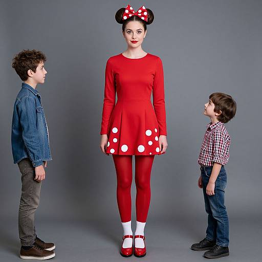 Photograph of a woman in a red Minnie Mouse dress with polka dots, red bow, standing between two boys in denim and checkered shirts