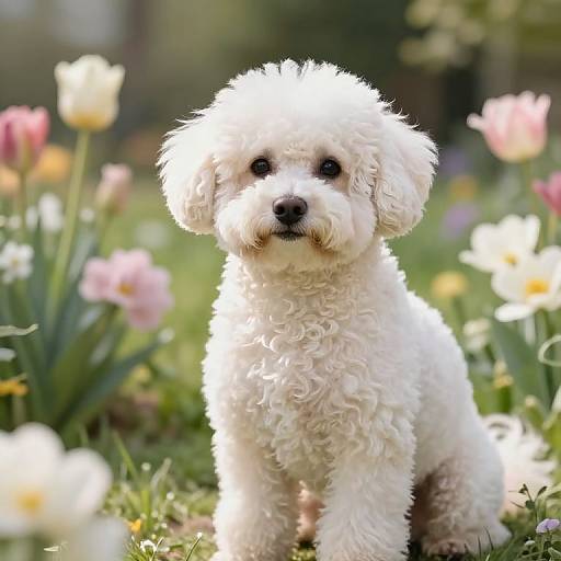Adorable curly white puppy with black nose, sitting in a sunlit garden filled with colorful tulips, creating a vibrant, springtime scene.