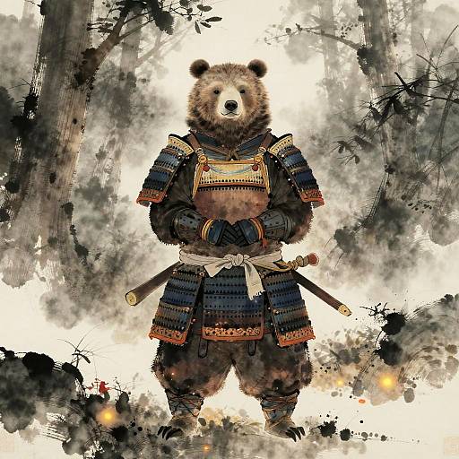 Stoic Samurai Bear in Misty Forest