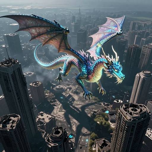 Digital CGI of a glowing blue and purple dragon soaring above a modern cityscape, casting a shadow on towering skyscrapers.