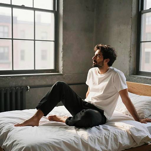 Photograph of a bearded man with dark hair, wearing a white t-shirt and black pants, sitting on a sunlit bed in a gray,
