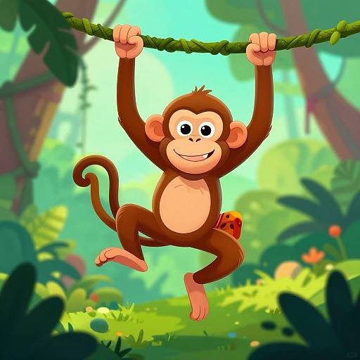 Cartoon monkey with brown fur, smiling, hanging from a vine in a colorful, vibrant jungle with lush greenery and sunlight.