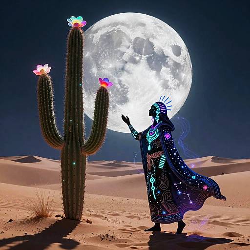 Digital artwork of a silhouetted figure with glowing patterns, standing before a large full moon, touching a cactus with colorful flowers, in a