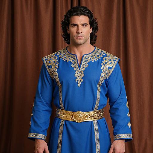 Photograph of a handsome man with dark curly hair, wearing a blue, gold-embroidered tunic and gold belt, standing against brown curtains