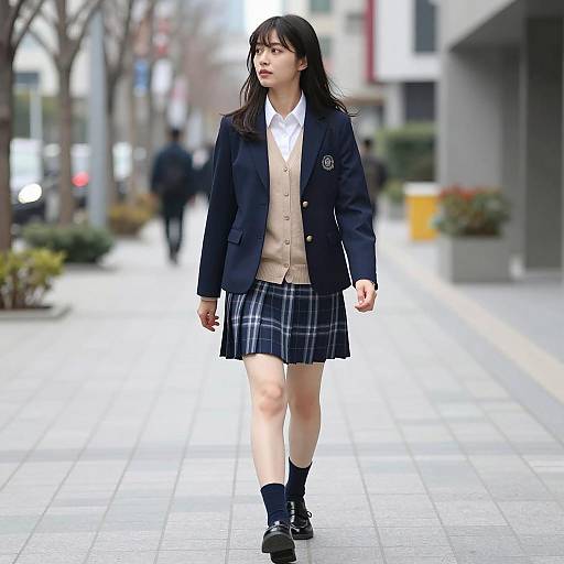Asian Woman in School Uniform Walking on Sidewalk