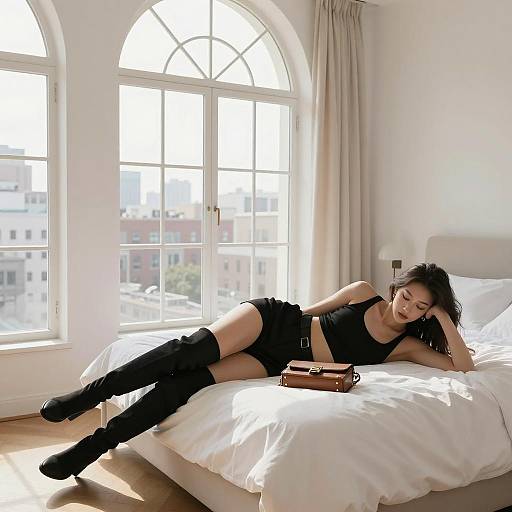 Woman Relaxing on Bed in Modern Room