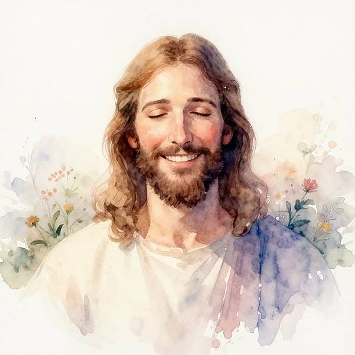 Watercolor painting of smiling Jesus with long brown hair, beard, and white robe, surrounded by delicate flowers against a white background.