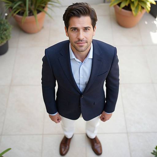Photograph of a handsome, dark-haired man with light stubble, wearing a black blazer, white shirt, and white pants, standing on a