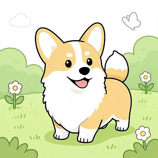 Cute digital drawing of a fluffy, orange and white Corgi with big, black eyes and a happy tongue out, standing in a grassy
