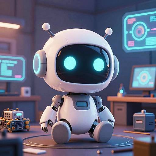 CGI image of a cute, white, round robot with glowing blue eyes, sitting in a high-tech laboratory with neon blue screens.