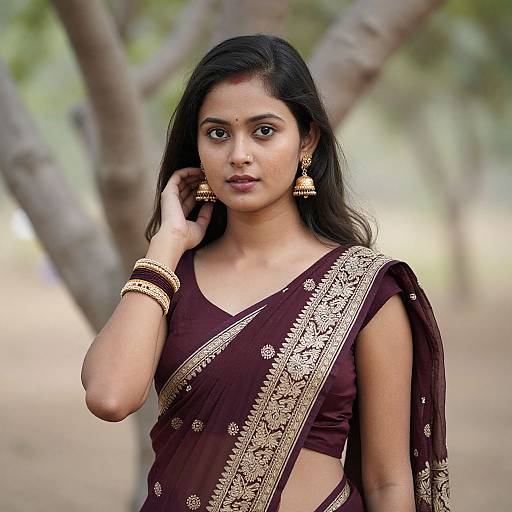 Photograph of an Indian woman with medium brown skin, long black hair, wearing a maroon saree with gold embroidery, gold earrings, and b