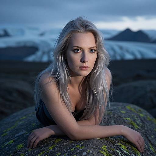 Photograph of a pale-skinned, blonde woman with blue eyes, lying on a mossy rock in a dark, icy landscape at twilight.