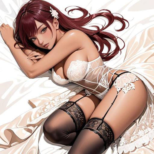 Anime Woman in White Lace Lingerie