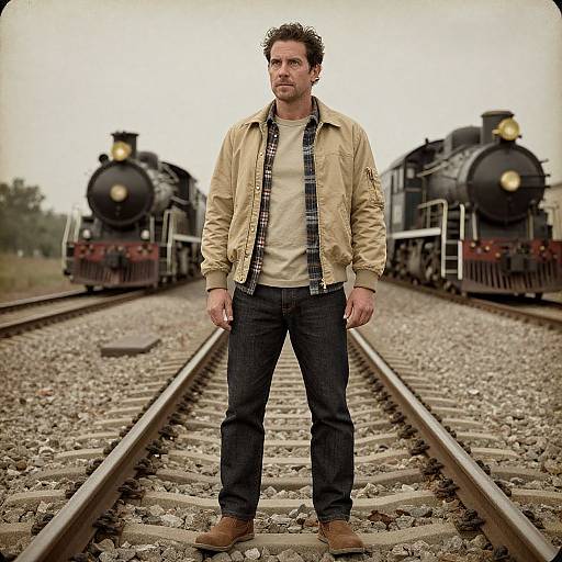 Photograph of a rugged, bearded man in a beige jacket, dark jeans, and brown boots standing between two vintage steam trains on a railway track