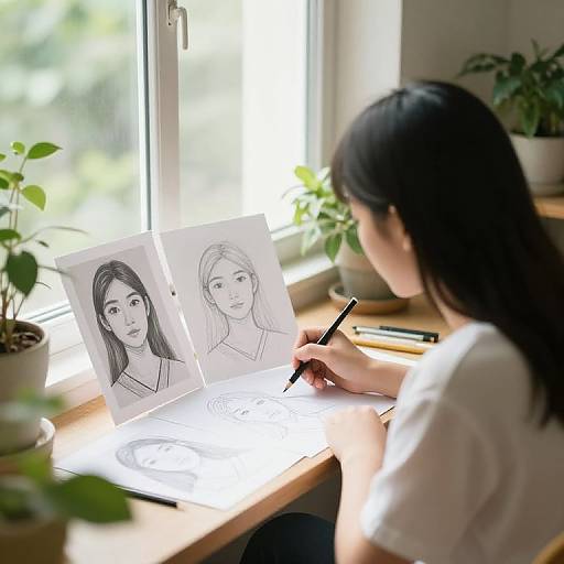 Young Woman Drawing Portraits by Window