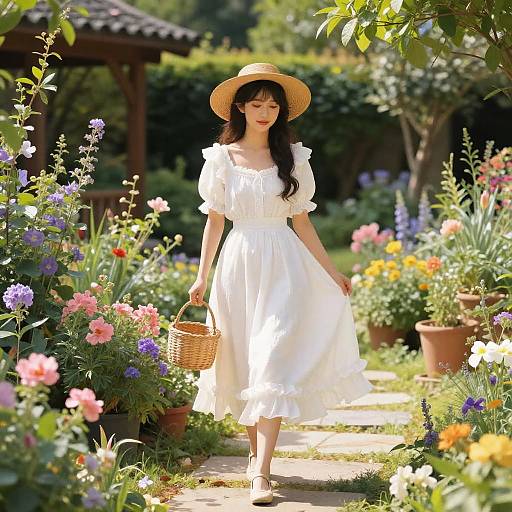Photograph of a fair-skinned woman with long black hair, wearing a white dress and straw hat, walking through a vibrant, sunlit garden holding