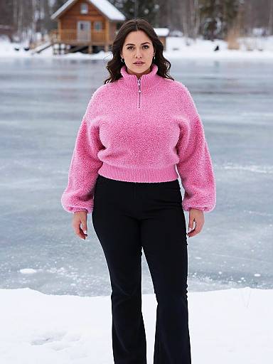 Photograph of a woman with dark hair, wearing a pink, fuzzy sweater and black pants, standing on a frozen lake with a wooden cabin in the