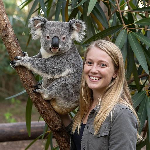 Photograph of a smiling blonde woman in a gray jacket standing beside a gray koala clinging to a tree branch in a lush, green forest.