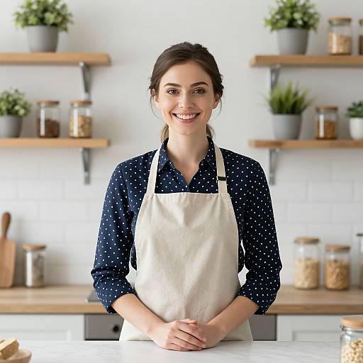 Photograph of a smiling young woman with dark hair in a braid, wearing a navy polka-dot shirt and white apron, standing in a