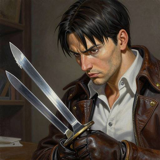 Digital painting of a serious, dark-haired man in a brown leather jacket, holding three sharp knives with intense focus.
