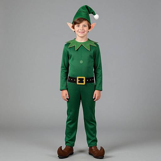 Photograph of a smiling young boy with elf costume: green long-sleeve outfit, black belt with yellow buckle, green hat with white tip,