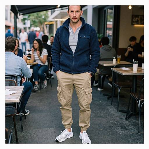 Photograph of a handsome, bald, bearded man in a navy jacket, beige cargo pants, and white sneakers, standing in a busy outdoor café