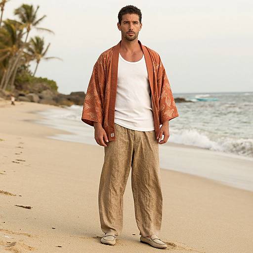 Photograph of a muscular, bearded man with short dark hair, wearing a white tank top, brown patterned shirt, beige pants, and white