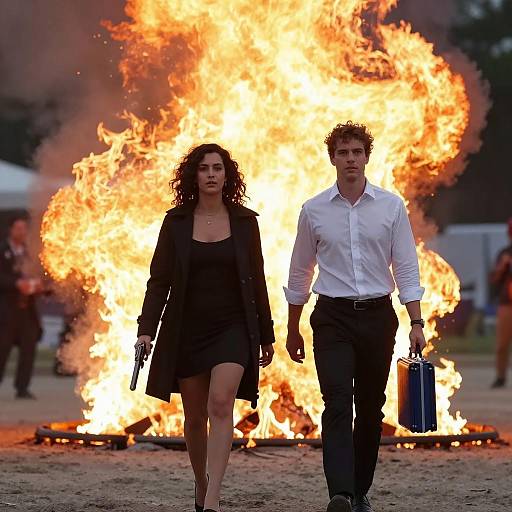 Two People Walking in Front of Intense Fire