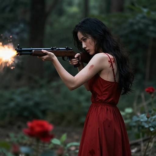 Fierce Woman in Red Dress with Rifle