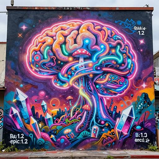 Vibrant digital graffiti mural of a neon, multi-colored brain with swirling lights, surrounded by glowing crystals and geometric shapes.