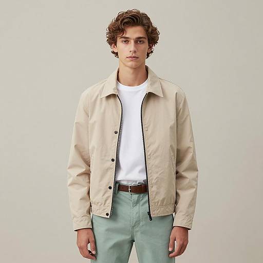 Young Man in Casual Beige Jacket and Light Green Pants