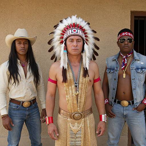 Photograph of three Native American men: central figure in traditional headdress, gold chain loincloth, flanked by two in white shirts and jeans