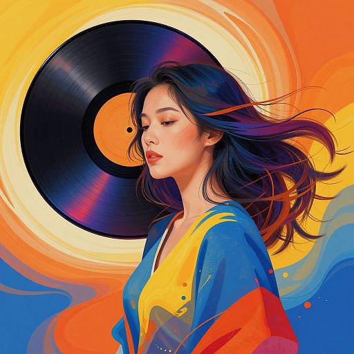 Digital illustration of an Asian woman with flowing black hair, wearing a colorful blue, yellow, and red shirt, holding a black vinyl record against a vibrant