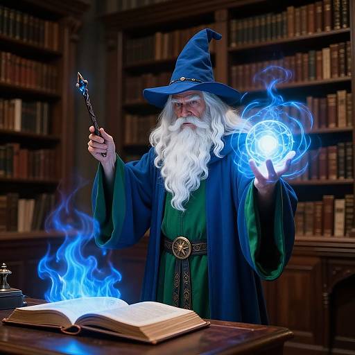 Photograph of an elderly wizard with a long white beard, blue wizard hat, and robe, casting a blue magical spell in a dimly lit library