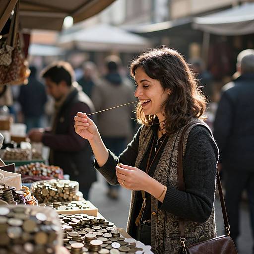 Photograph of a smiling woman with wavy brown hair, wearing a black sweater and gray vest, tasting jewelry at an outdoor market stall.