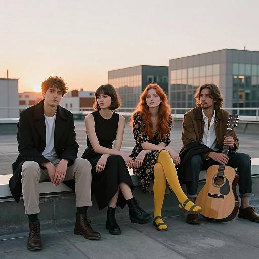 Group of Four Friends Sitting on Rooftop at Sunset