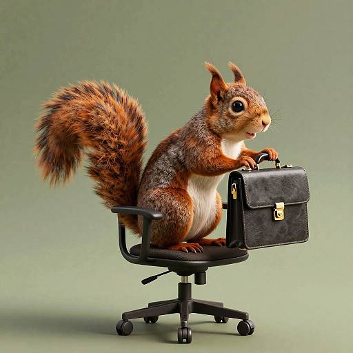 Photorealistic CGI of a red squirrel with fluffy tail, sitting on black office chair, holding a black briefcase, green background.
