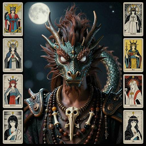 Digital artwork of a fierce, dragon-headed warrior with glowing eyes, adorned with bone necklace, surrounded by Tarot cards depicting 