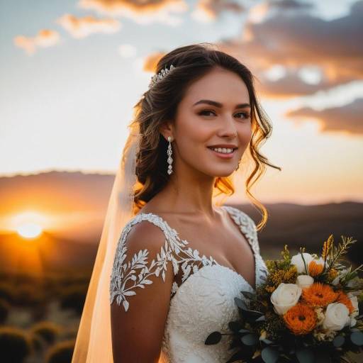 Smiling Bride with Bouquet at Sunset