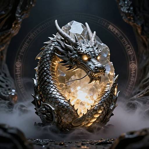 CGI digital artwork of a glowing, metallic dragon sphere with intricate scales, glowing orange eyes, and fiery interior, set in a dark, mystical cave