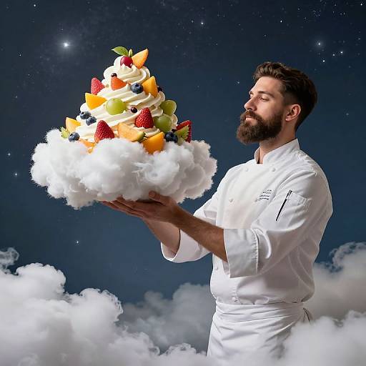 Bearded chef in white uniform holds cloud-shaped cake with colorful fruit toppings, against a starry night sky with clouds.