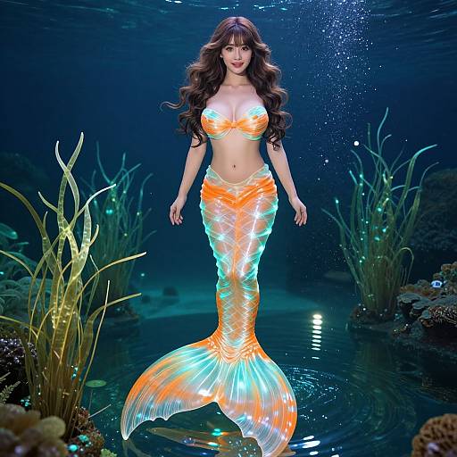 Digital art of a glowing mermaid with long brown hair, orange and blue scales, in an underwater coral reef, surrounded by aquatic plants.
