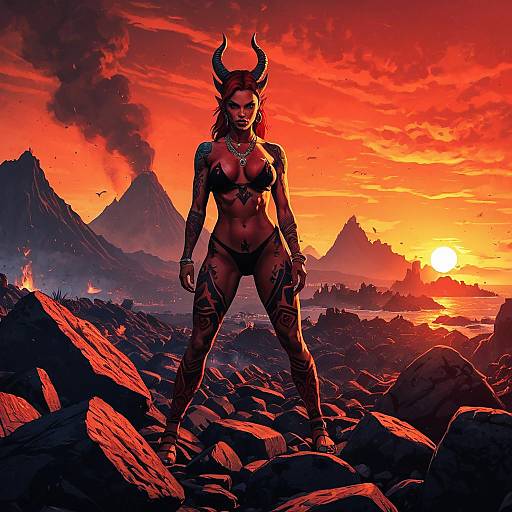 Demonic Action Hero in Fiery Landscape