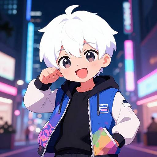 Playful White-Haired Anime Boy Night