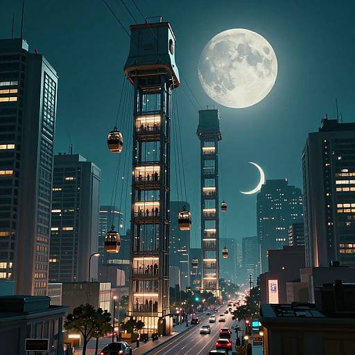 Cyberpunk Floating Elevators in Futuristic City