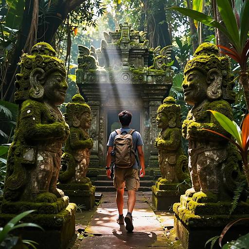 Photograph of a young man with a backpack, walking through a sunlit, moss-covered temple entrance flanked by four ancient, mossy statues in