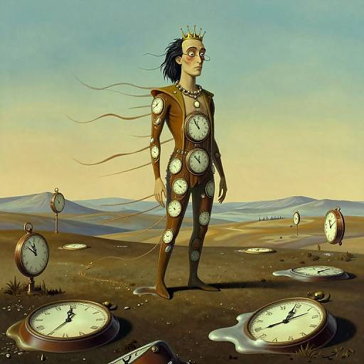 Digital painting of a clock-faced humanoid with a crown, wearing brown armor, standing in a desert with floating clocks.