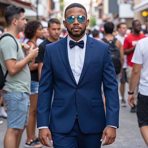 Photograph of a confident Black man in a navy suit, blue bow tie, and reflective sunglasses, standing in a bustling urban street with casually dressed people