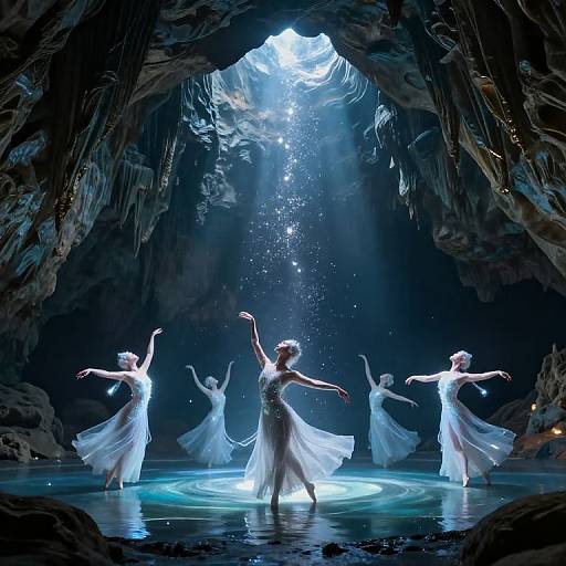 Photograph of a ballet performance: Five female dancers in white, flowing dresses perform under moonlight in a dark, cavernous setting.