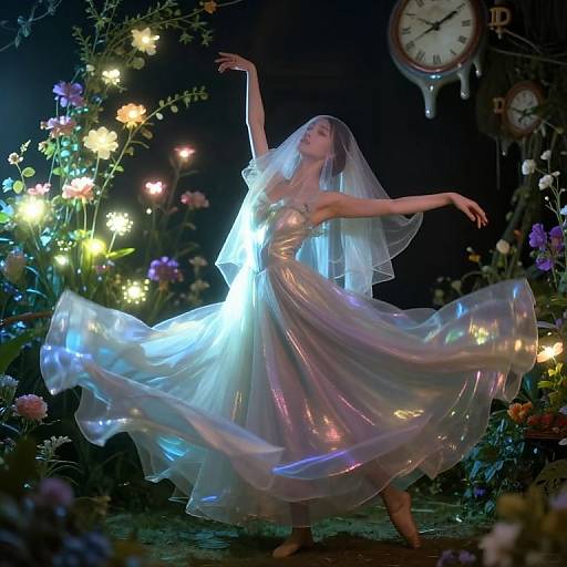 Photograph of a dancing woman in a glowing, transparent, iridescent dress with a veil, surrounded by colorful flowers and illuminated by soft lights,